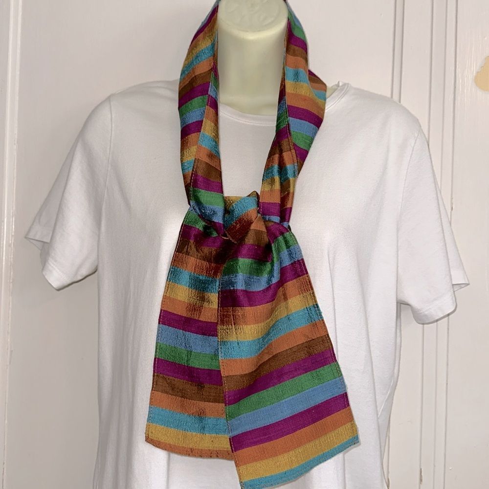 Vintage Gary Gail Dallas Multi Color Striped Shantung Silk Long Scarf